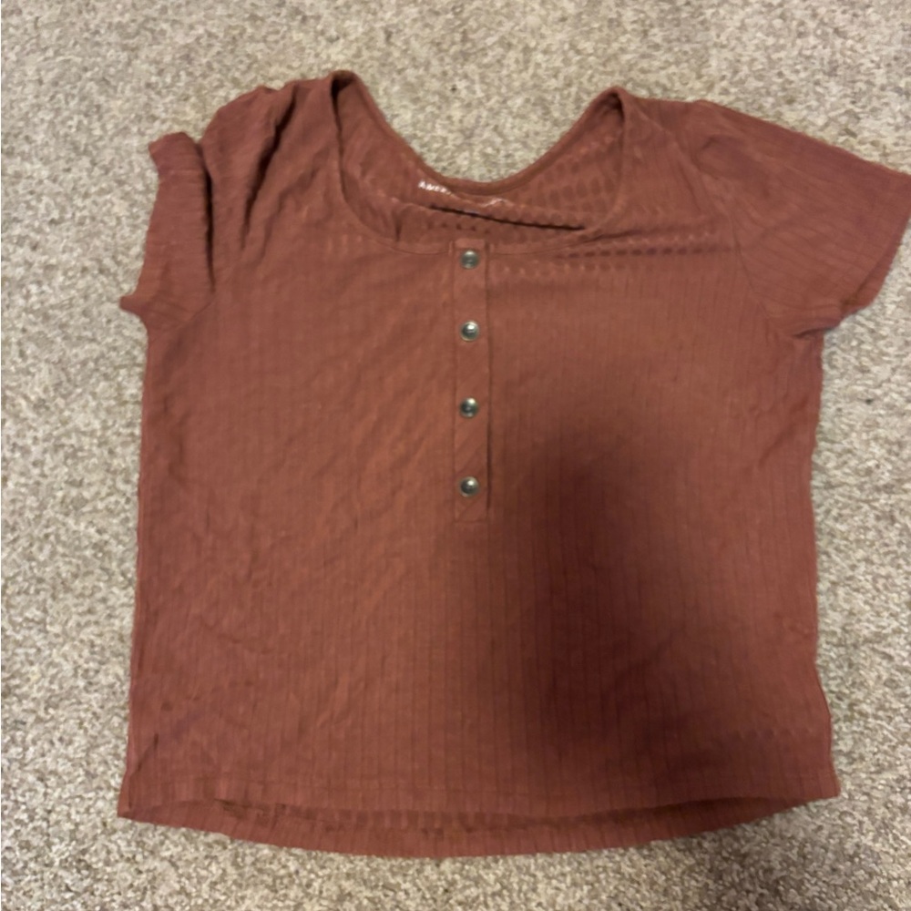 American Eagle Outfitters Ribbed Button-Front Top in Rust